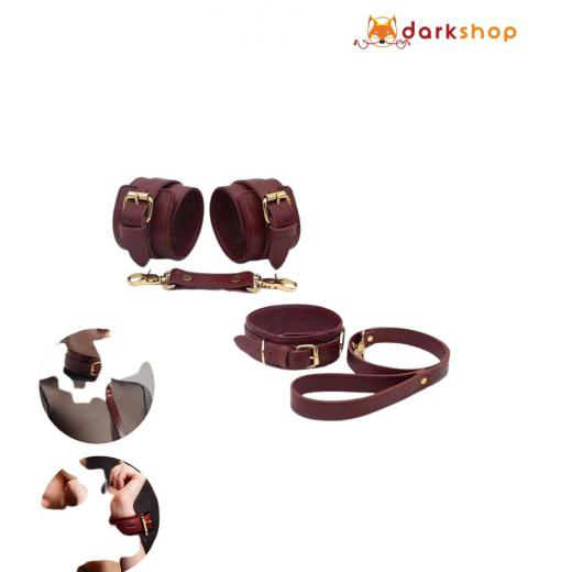 Burgundy Bondage Leather Restraint Set, Cuffs, and Collar
