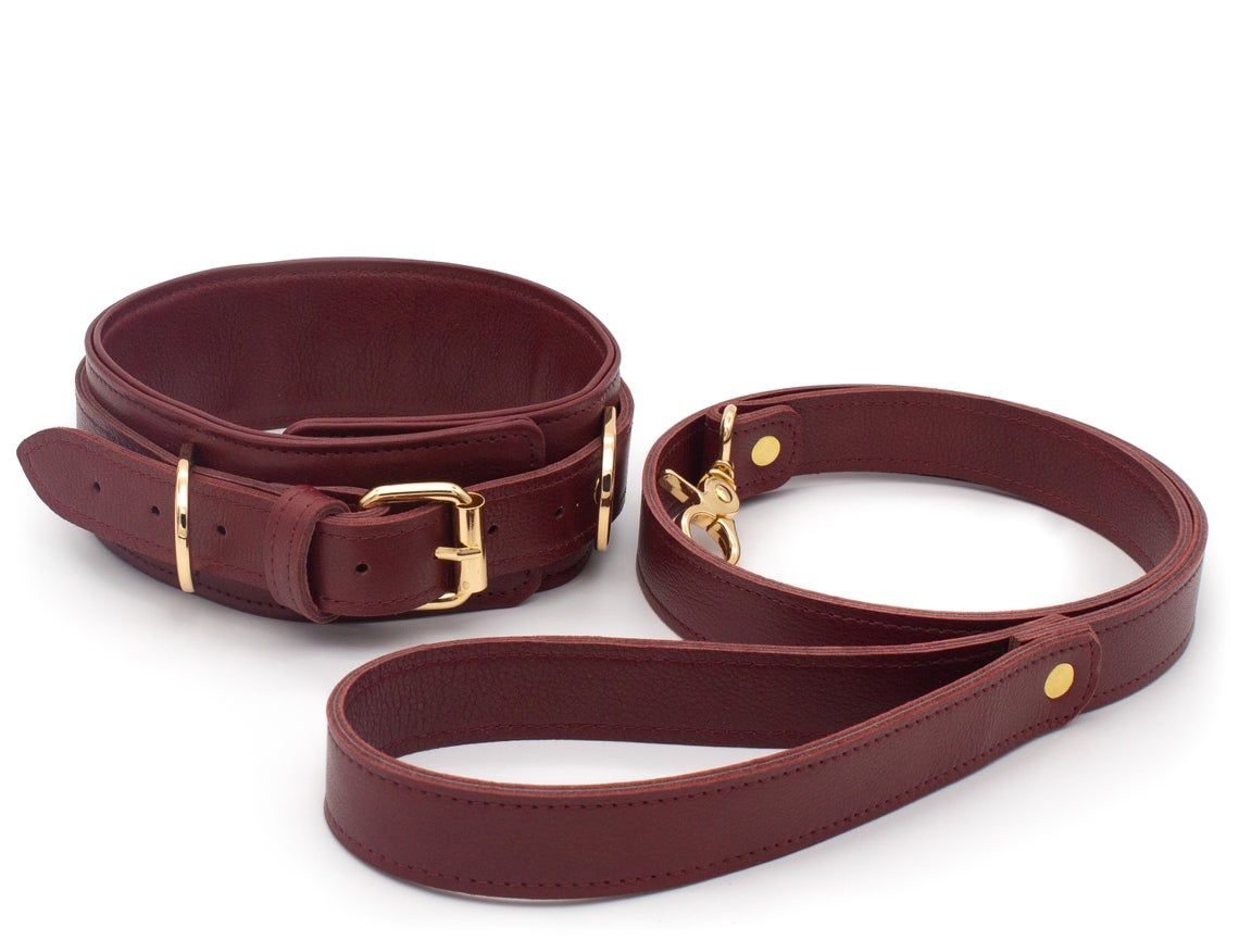 Burgundy Bondage Leather Restraint Set, Cuffs, and Collar