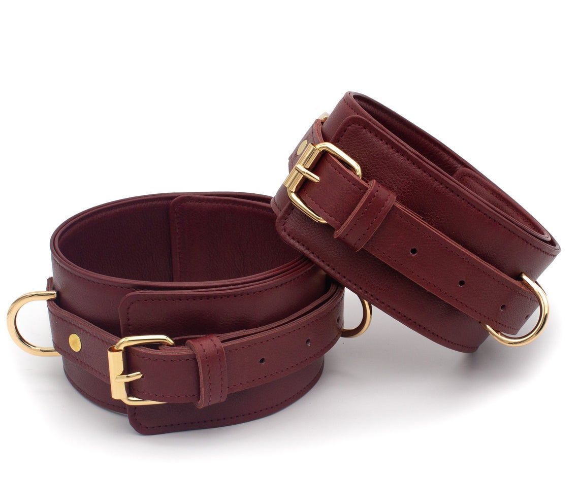 Burgundy Bondage Leather Restraint Set, Cuffs, and Collar