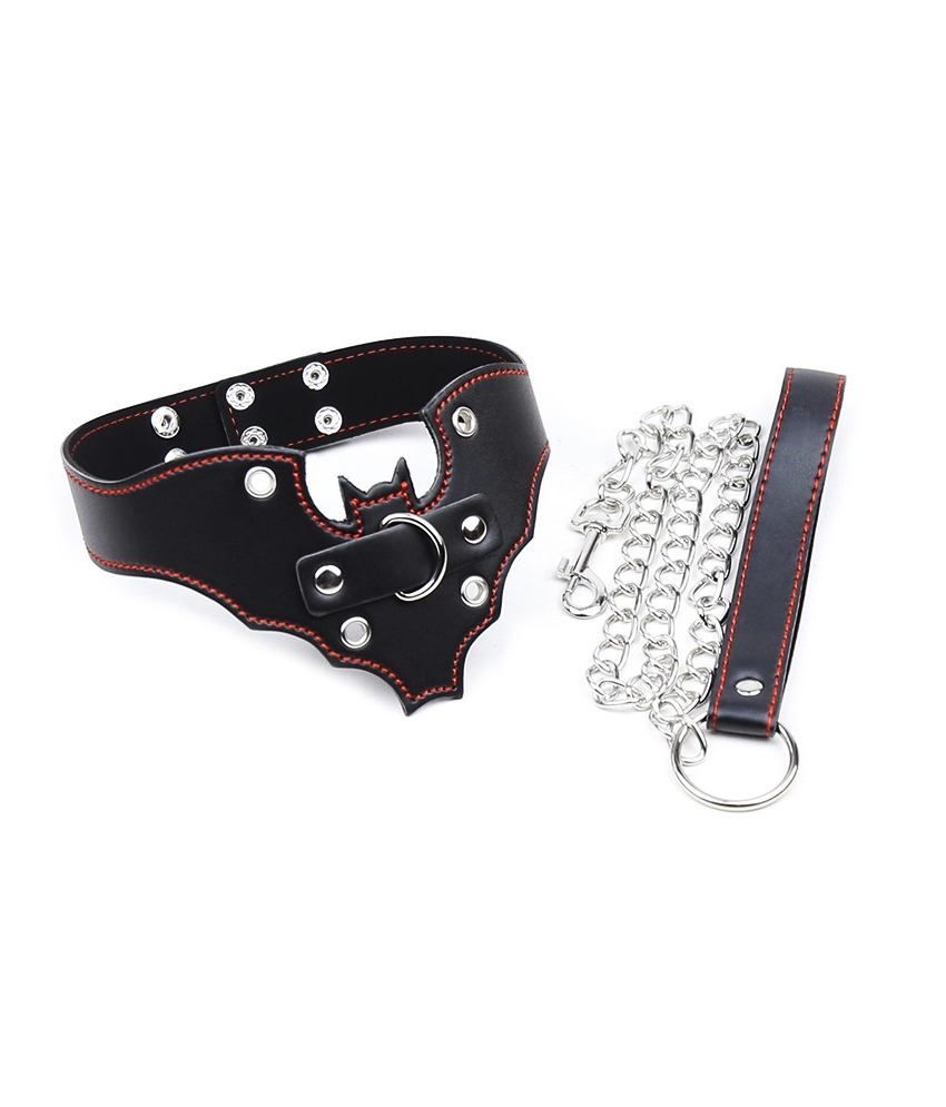 Leather Bat Shaped Collar With Chain Leash