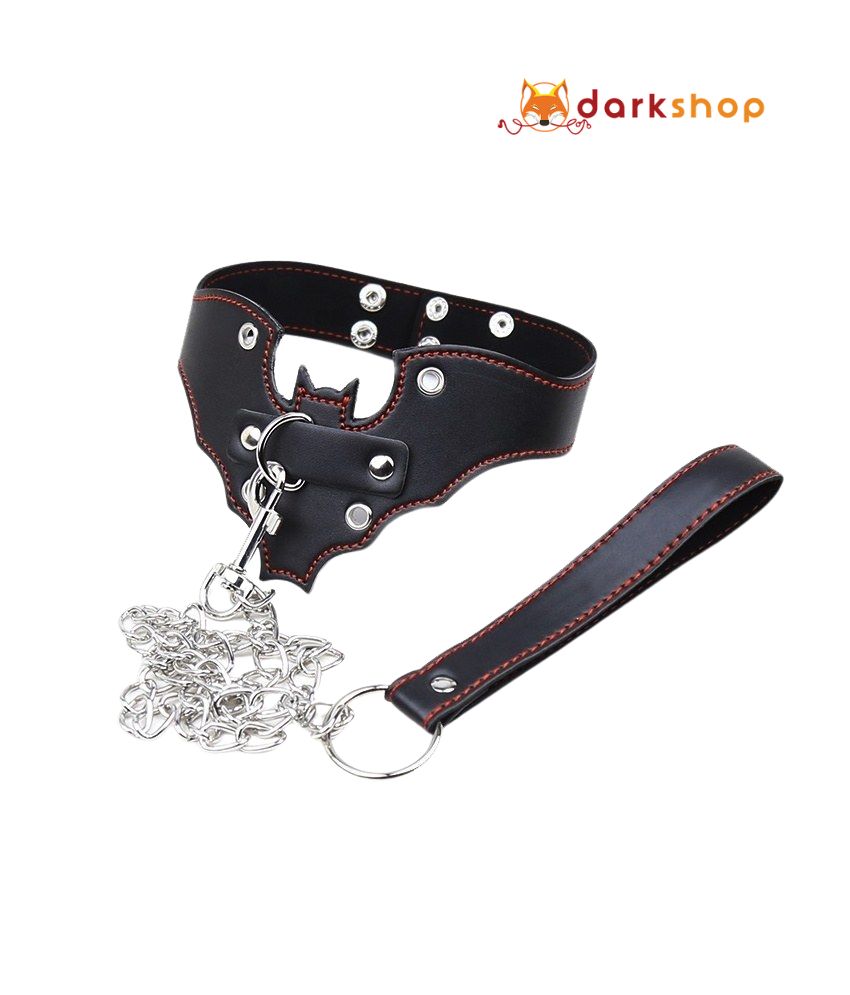 Leather Bat Shaped Collar With Chain Leash