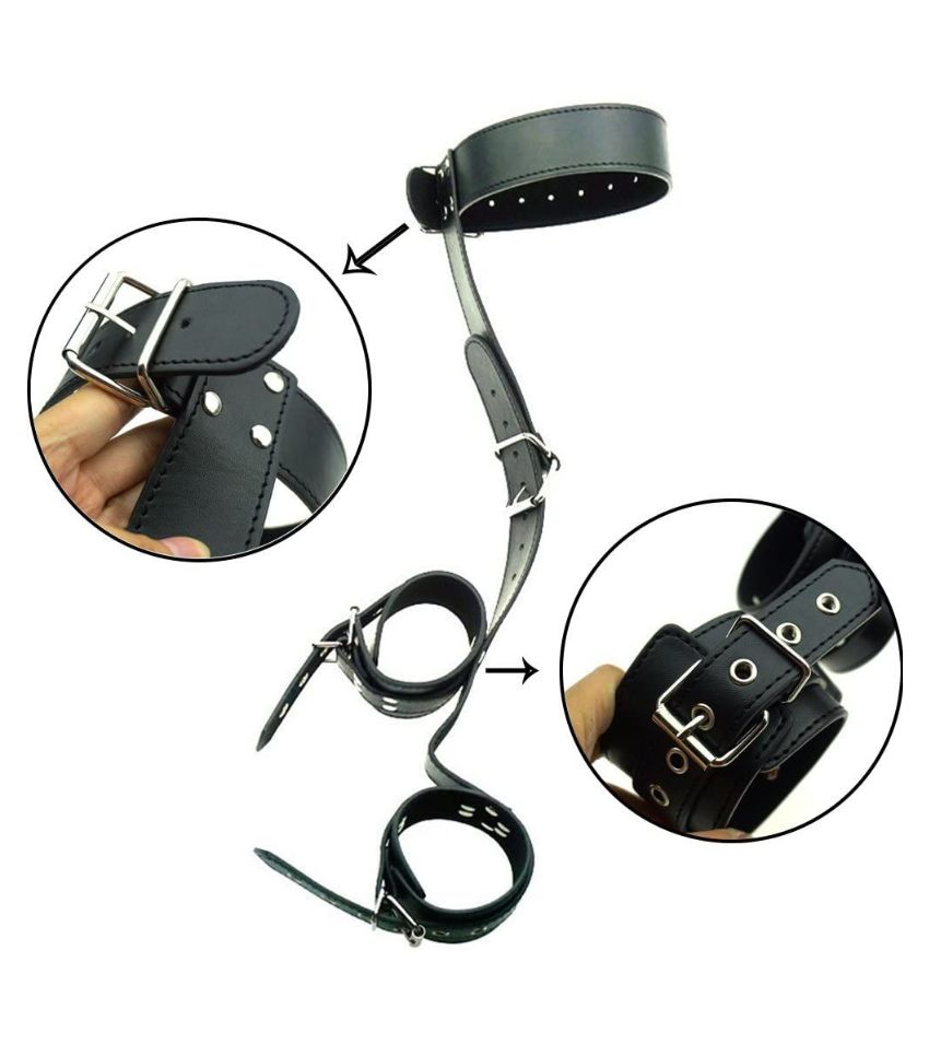 Leather Neck Collar to Hand Restraint Wrist Cuffs