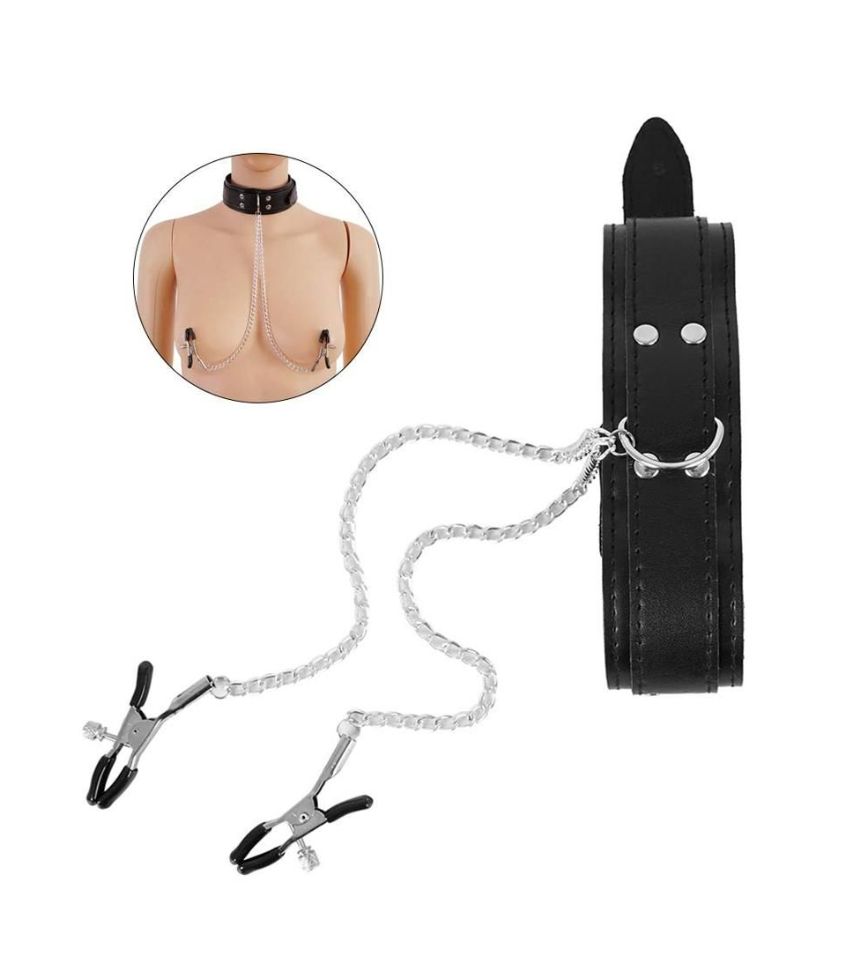 Slave Collar & Nipple Clamps Leather