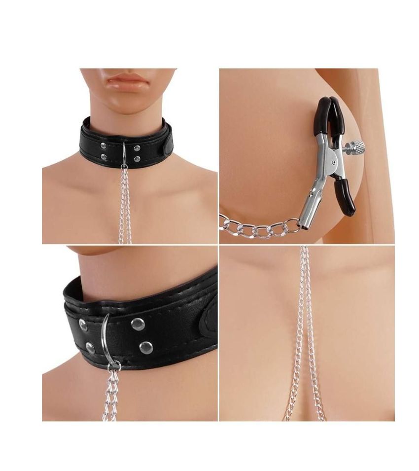 Slave Collar & Nipple Clamps Leather