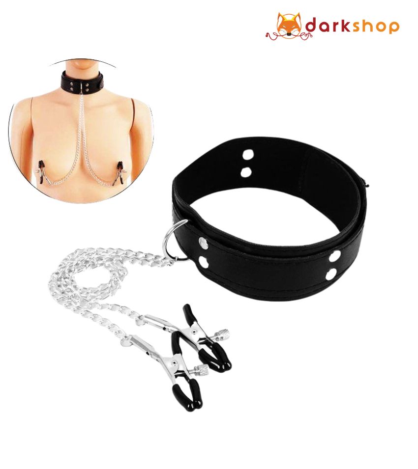 Slave Collar & Nipple Clamps Leather