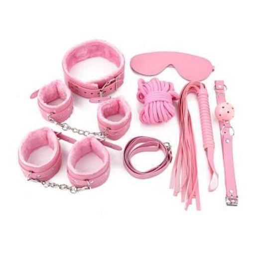 Pink & Black 8 Pcs set BDSM Bondage Kit Handcuffs