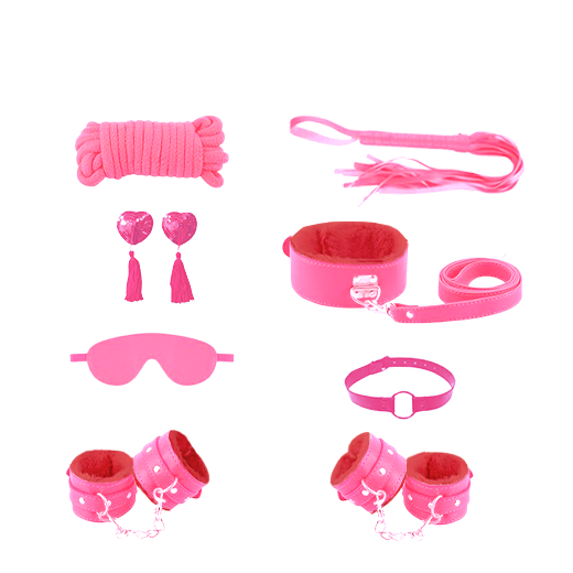 Pink & Black 8 Pcs set BDSM Bondage Kit Handcuffs