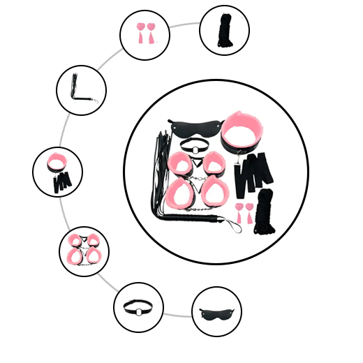 Pink & Black 8 Pcs set BDSM Bondage Kit Handcuffs