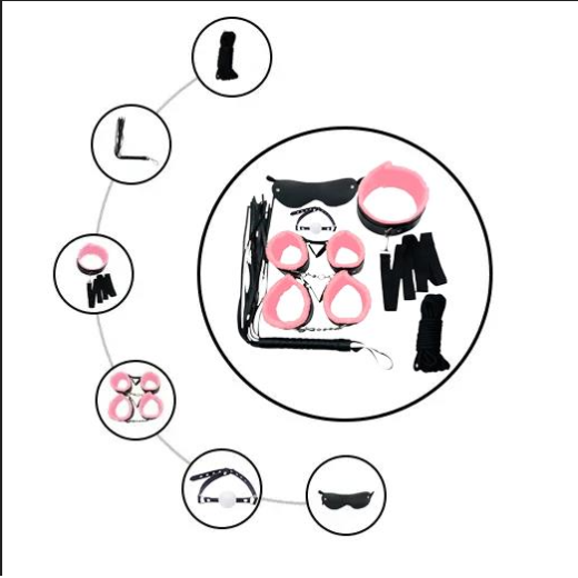 Pink & Black 7 Pcs set BDSM Bondage Kit Handcuffs