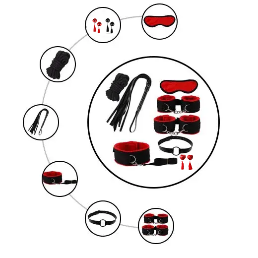Red & Black 8 Pcs set BDSM Bondage Kit