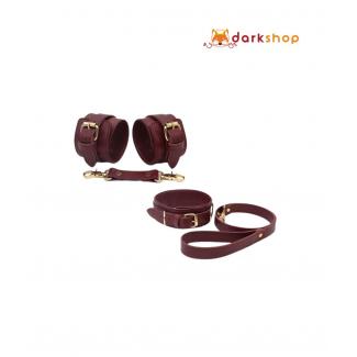 Burgundy Bondage Leather Restraint Set, Cuffs, and Collar